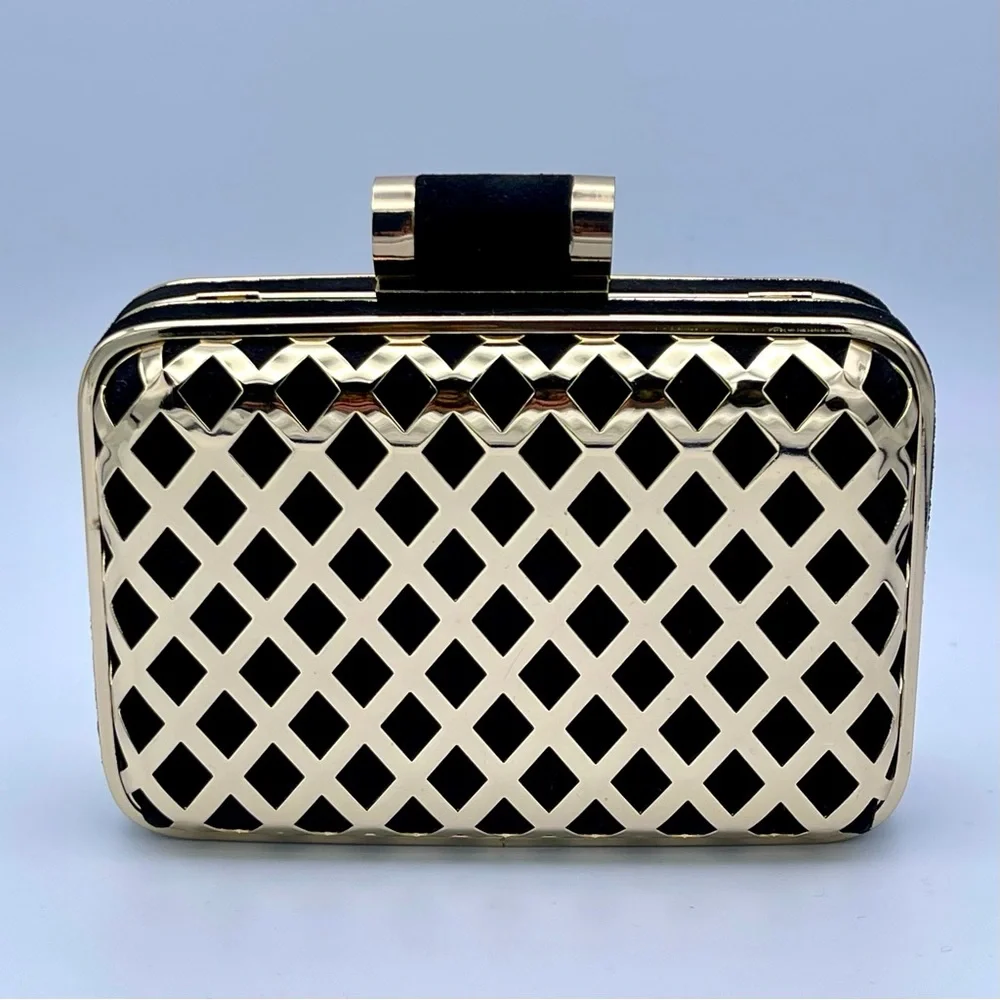 SHIRALEAH 🖤 NWT ‘Jean Minaudiere’ Black & Gold Evening Clutch - Picture 13 of 13